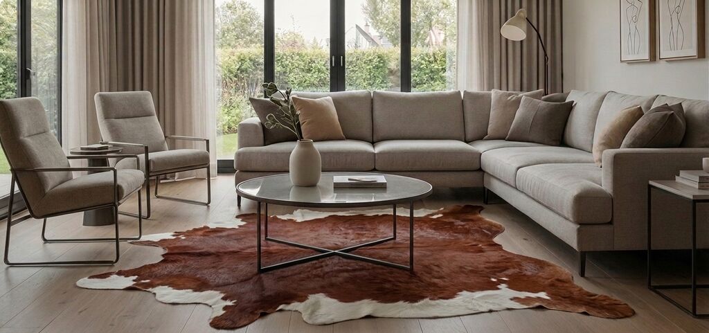 Salon moderne et chaleureux avec canapé d'angle beige et tapis en peau de vache brun et blanc sous la table basse.