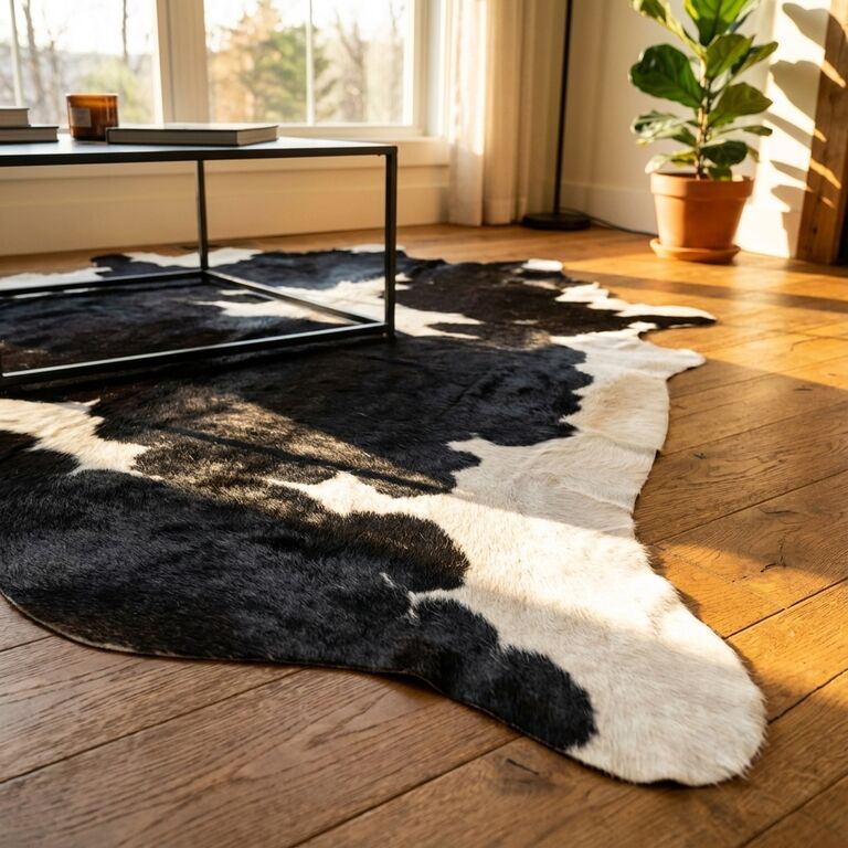 Peau de vache noire et blanche dans un intérieur